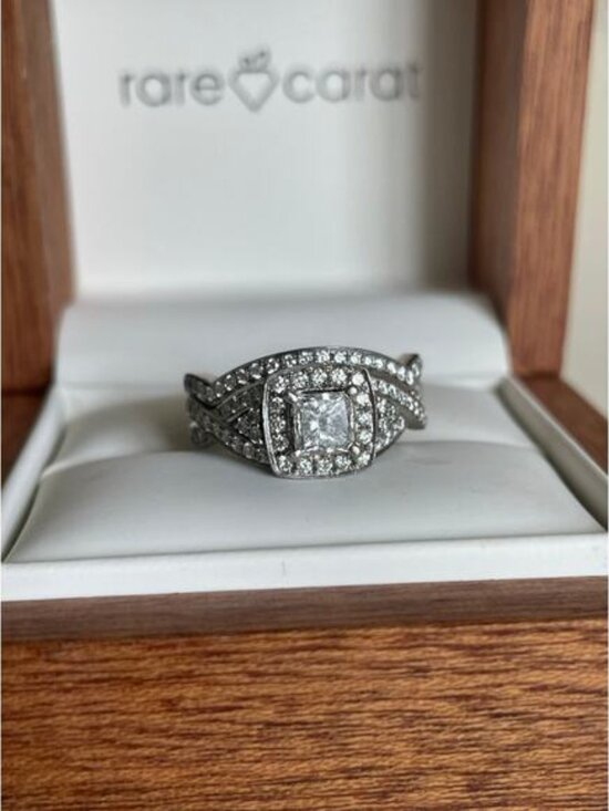 Unbranded Jewelry - 14 karat white gold, diamond halo engagement wedding ring set .61 center